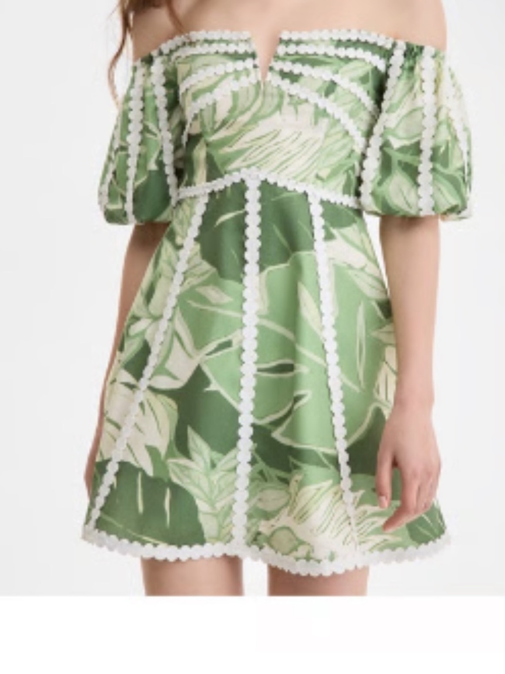 RACHEL Rachel Roy Green Tropical Off-Shoulder Mini Dress with White Trim